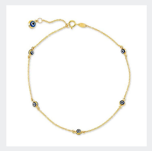 14K Yellow Gold Enameled Evil Eye Anklet
