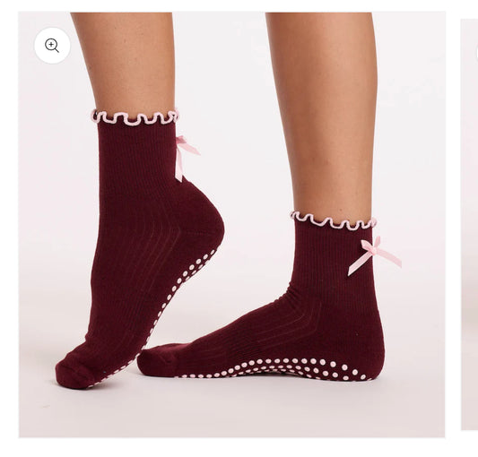 Burgundy Bow Grip Socks