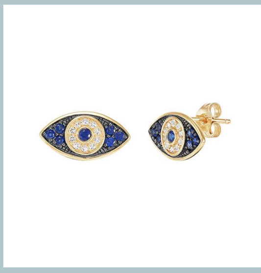 10K Yellow Gold Lab-Grown Sapphire-Set Evil Eye Post Earrings