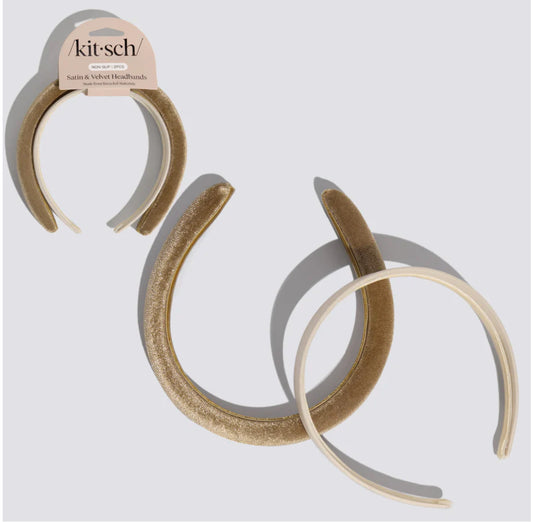 Recycled Fabric Satin & Velvet Headbands 2pc Set - Neutrals