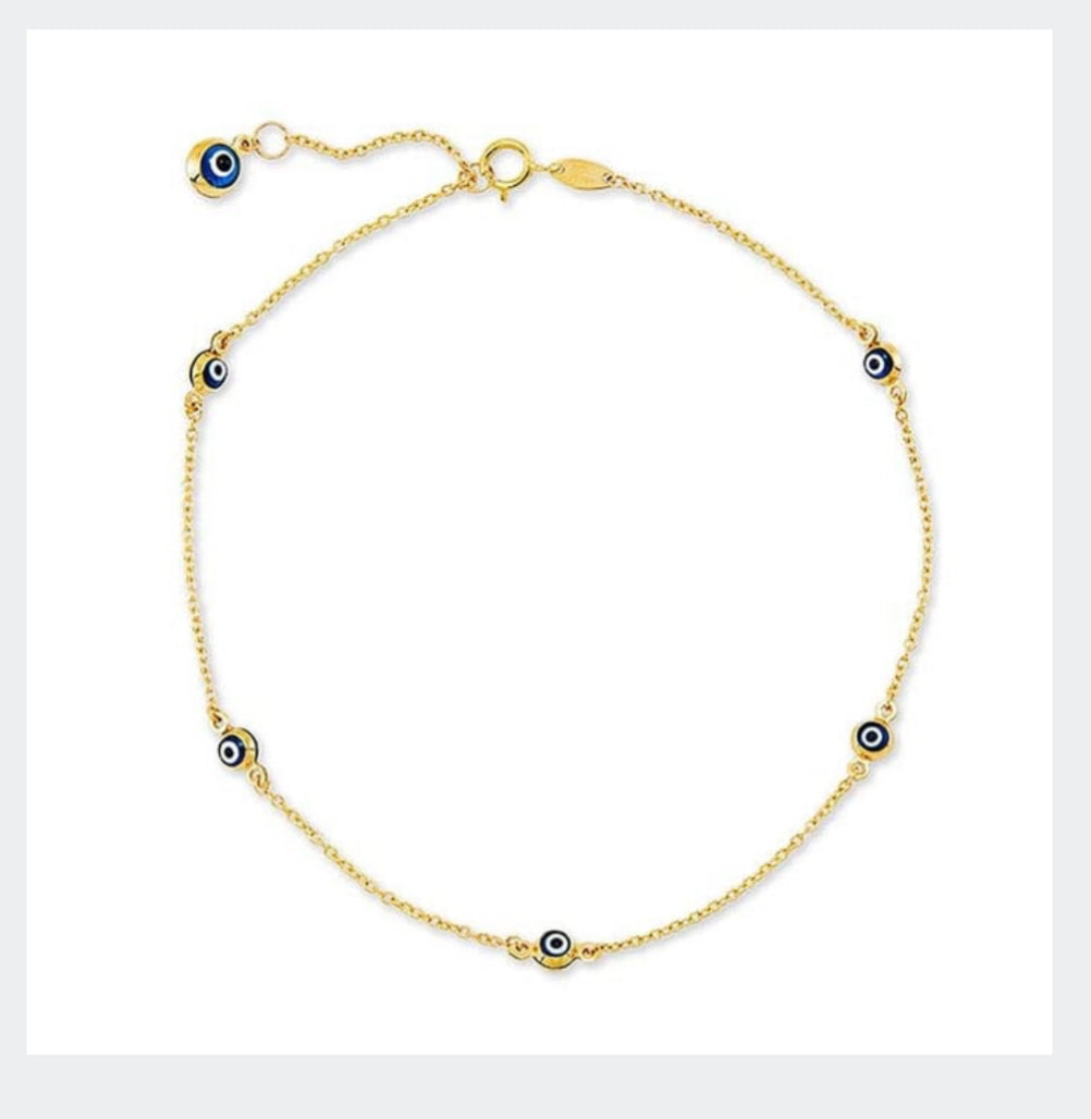 14K Yellow Gold Enameled Evil Eye Anklet