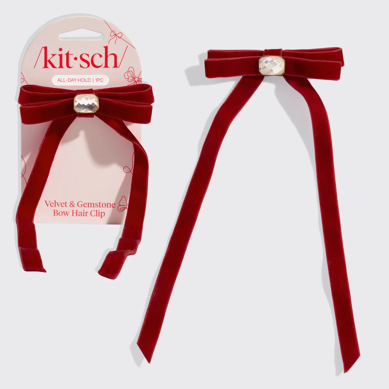 Velvet & Gemstone Bow Hair Clip - Red