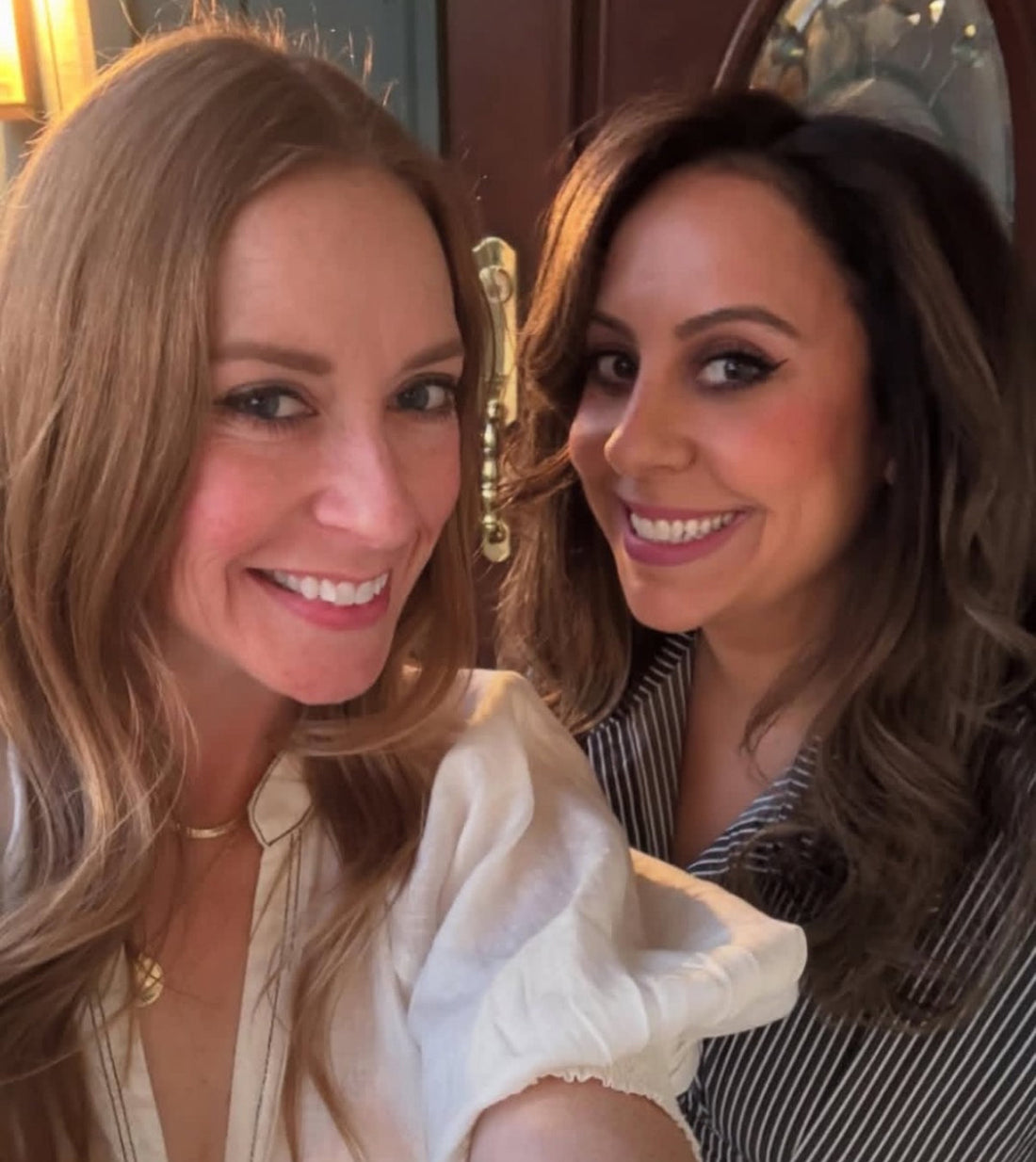 Two glowing Trin Spa clients smiling post-microneedling series, showcasing smooth, radiant, rejuvenated skin after completing their personalized collagen-induction treatments.”