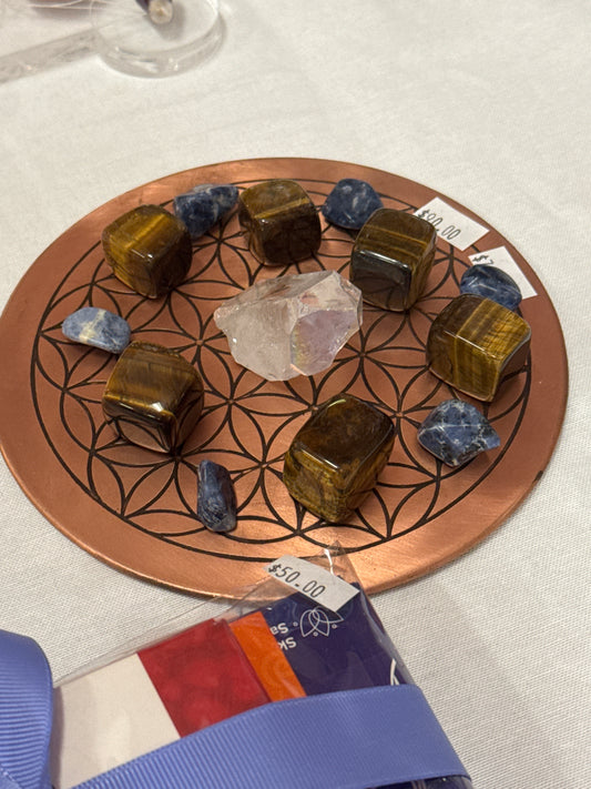 copper flower of life grid 
angel aura quartz tigers eye sodalite
