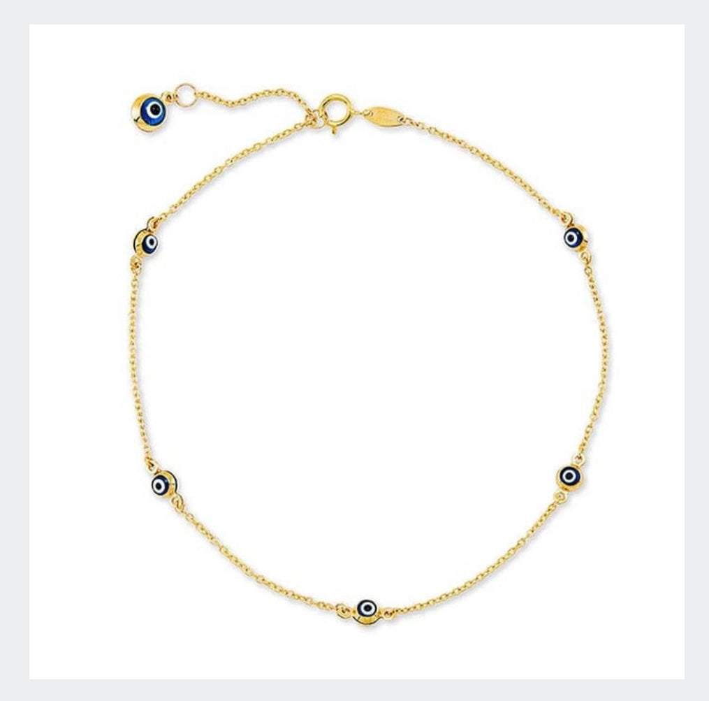 14K Yellow Gold Enameled Evil Eye Anklet