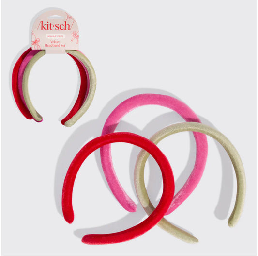 Velvet Headband 3pc Set - Red Pink & Green