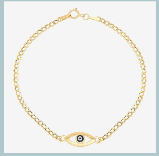 14-karat yellow gold bracelet is made with 2.45mm curb chain and features an Evil Eye charm